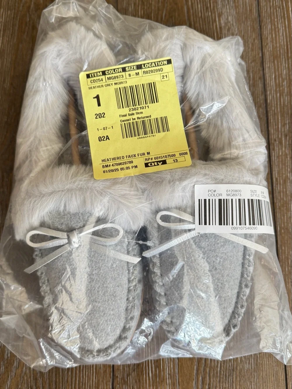 J. Crew Gray Faux-Fur Pom Moccasin Slippers with Tan Sole